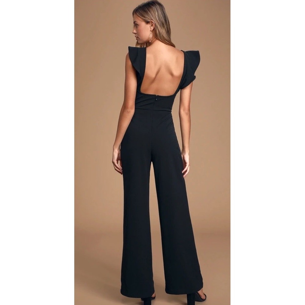 Lulus Feel Your Love Black Ruffled Wide-Leg Jumpsuit | Size Medium | Open Back| - Picture 4 of 7